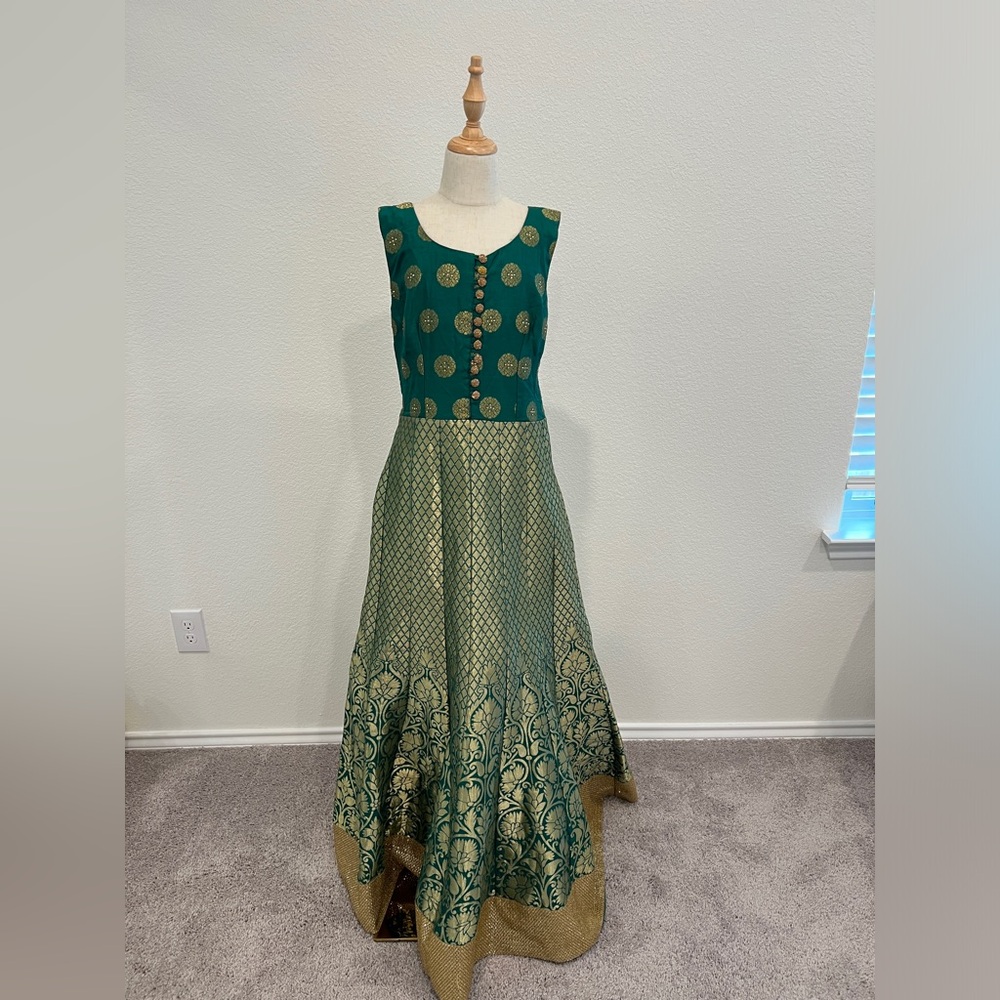 Bottle green & gold, floor length anarkali gown.